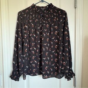 Madewell Women’s Smocked Neck Tossed Floral Embroidered Black Button Blouse - M